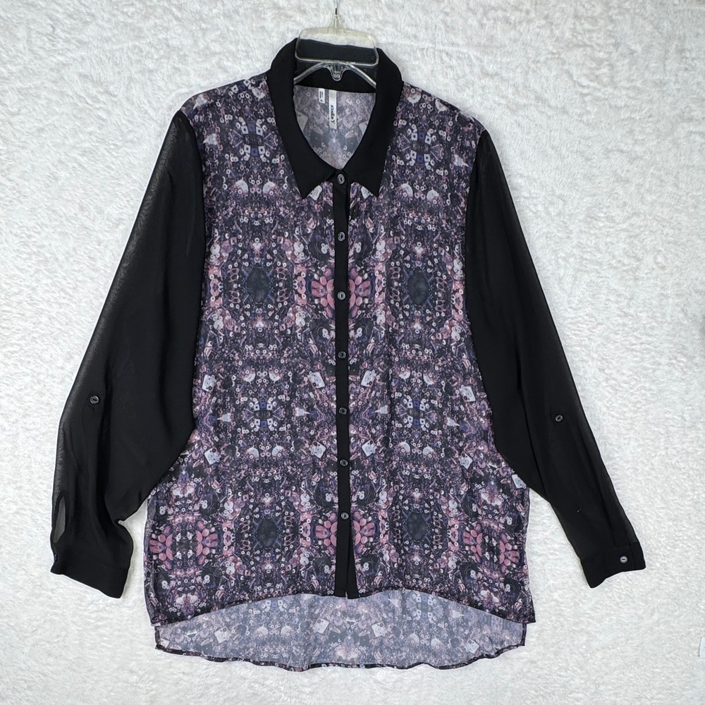 Studio Y Womens XL Whimsigoth Sheer Boho Kaleidoscope LS Button Up Blouse